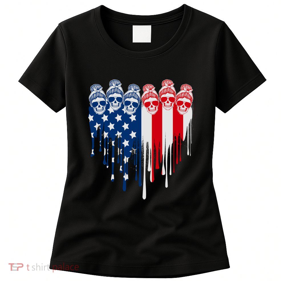 Messy Bun Skulls USA American Flag Painted Heart Womens T-Shirt