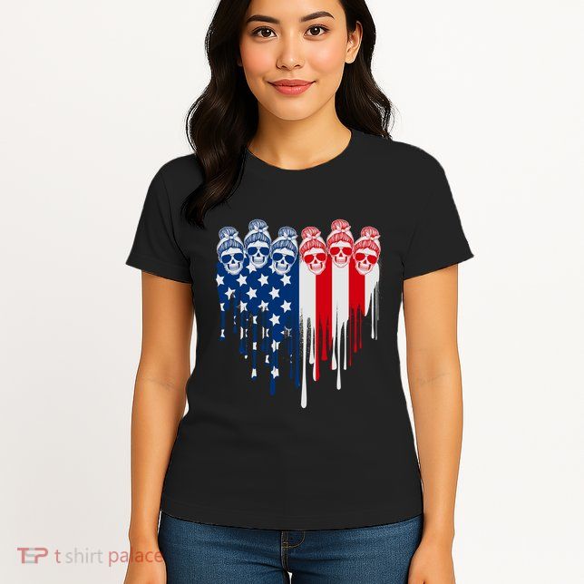Messy Bun Skulls USA American Flag Painted Heart Womens T-Shirt