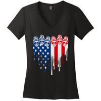 Messy Bun Skulls USA American Flag Painted Heart Women's V-Neck T-Shirt
