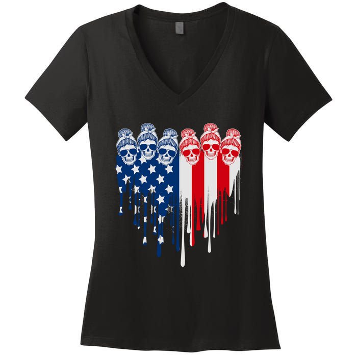 Messy Bun Skulls USA American Flag Painted Heart Women's V-Neck T-Shirt