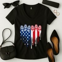 Messy Bun Skulls USA American Flag Painted Heart Women's V-Neck T-Shirt