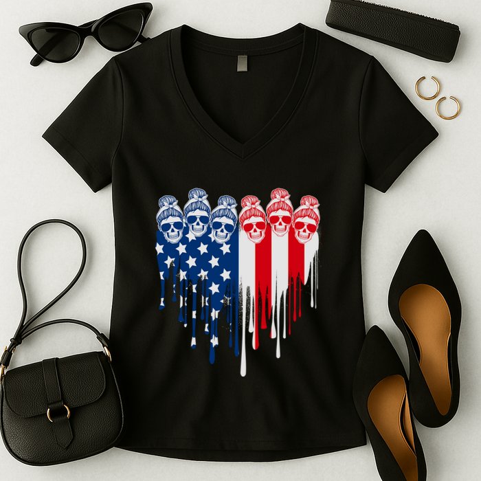 Messy Bun Skulls USA American Flag Painted Heart Women's V-Neck T-Shirt