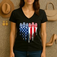 Messy Bun Skulls USA American Flag Painted Heart Women's V-Neck T-Shirt