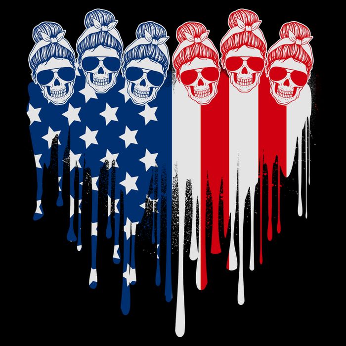 Messy Bun Skulls USA American Flag Painted Heart Women's V-Neck T-Shirt