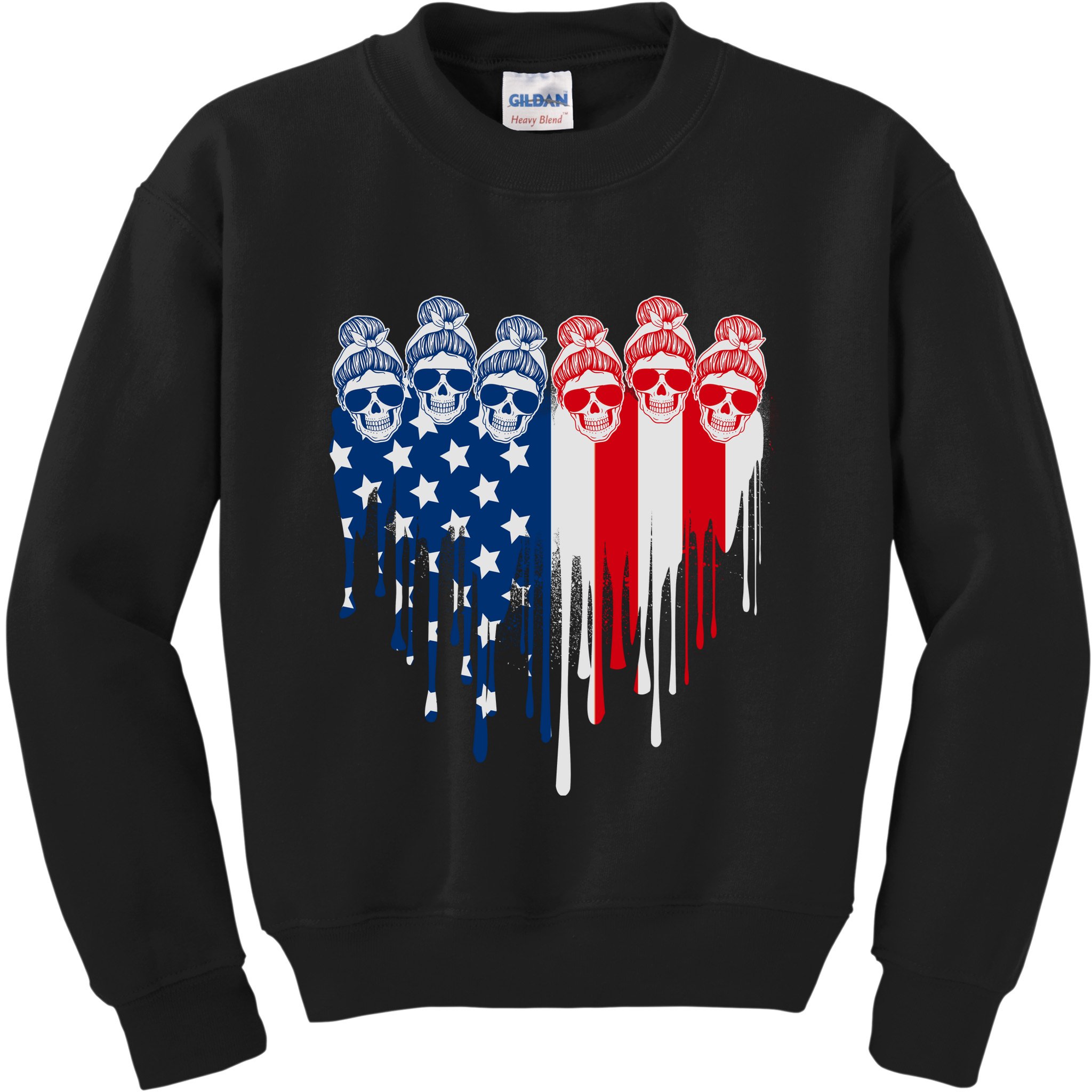 Messy Bun Skulls USA American Flag Painted Heart Kids Sweatshirt