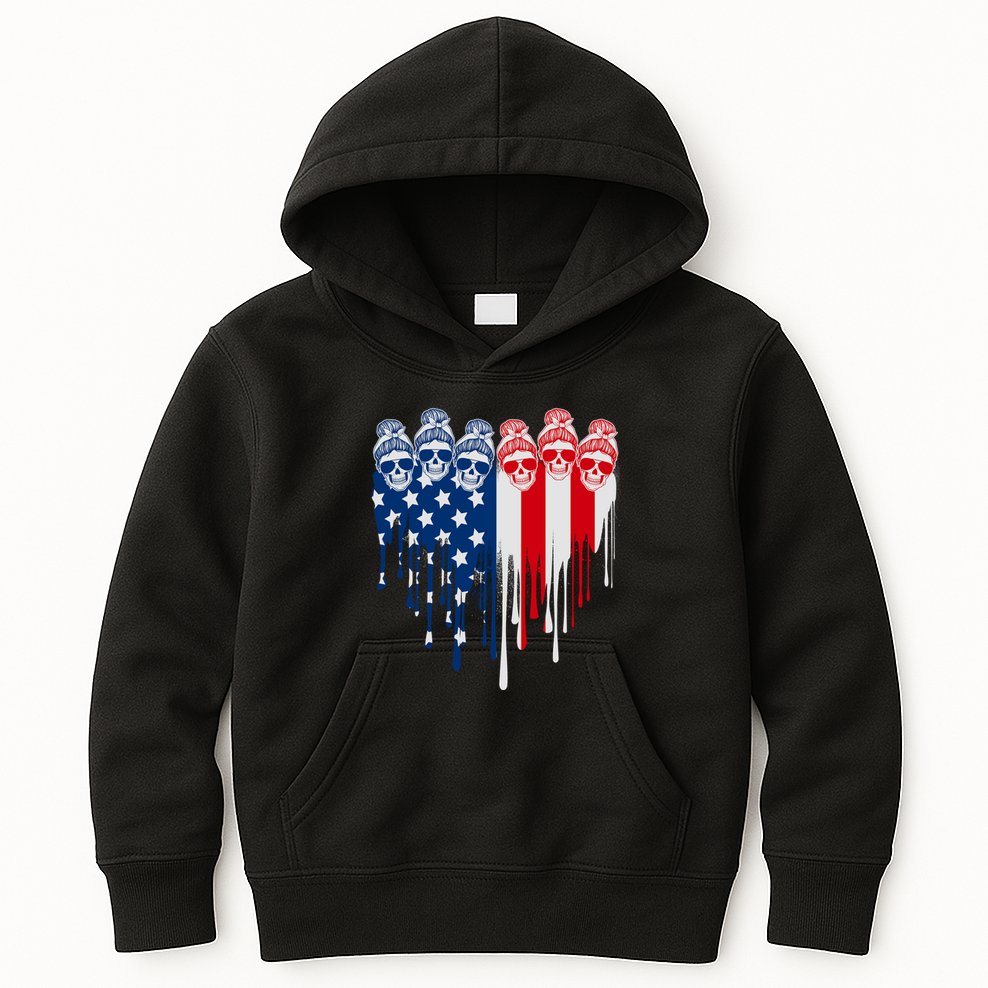 Messy Bun Skulls USA American Flag Painted Heart Kids Hoodie