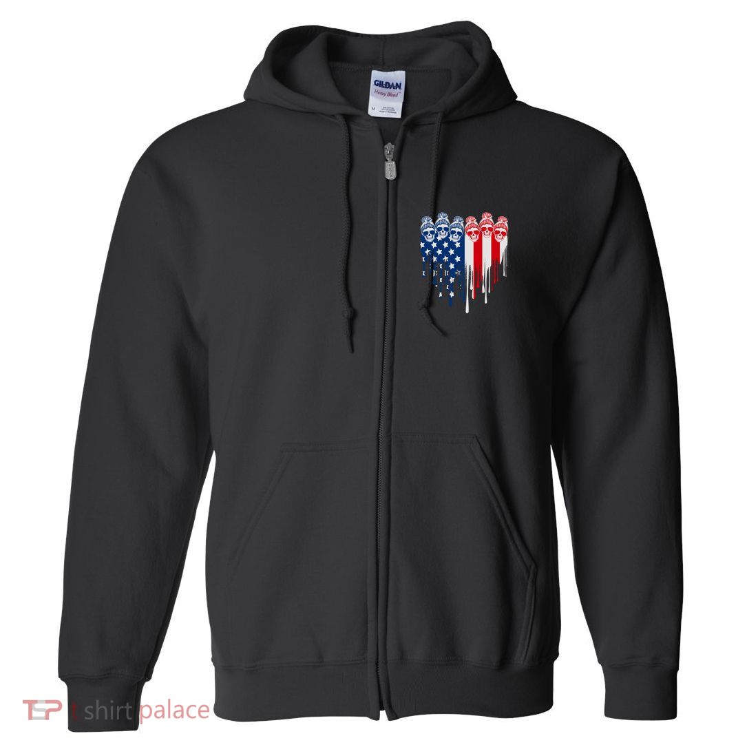 Messy Bun Skulls USA American Flag Painted Heart Full Zip Hoodie