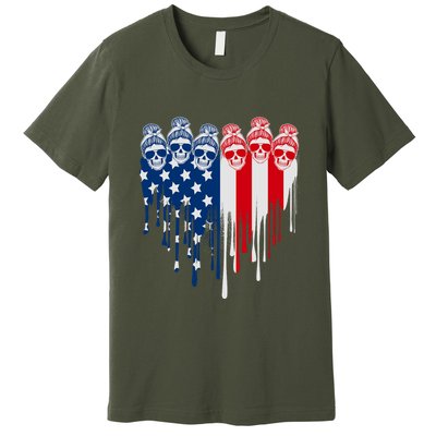 Messy Bun Skulls USA American Flag Painted Heart Premium T-Shirt