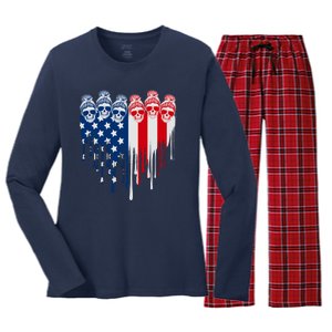 Messy Bun Skulls USA American Flag Painted Heart Women's Long Sleeve Flannel Pajama Set 