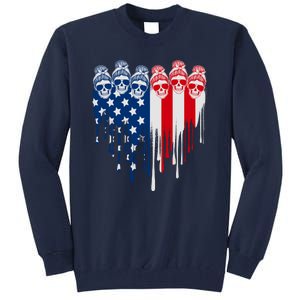 Messy Bun Skulls USA American Flag Painted Heart Tall Sweatshirt