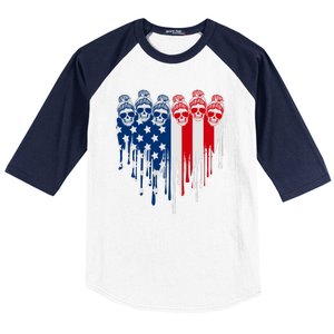 Messy Bun Skulls USA American Flag Painted Heart Baseball Sleeve Shirt