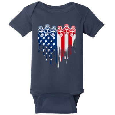 Messy Bun Skulls USA American Flag Painted Heart Baby Bodysuit