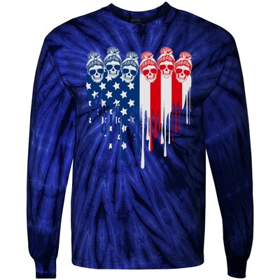 Messy Bun Skulls USA American Flag Painted Heart Tie-Dye Long Sleeve Shirt