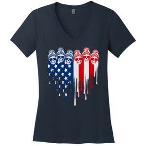 Messy Bun Skulls USA American Flag Painted Heart Women's V-Neck T-Shirt