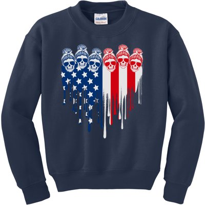 Messy Bun Skulls USA American Flag Painted Heart Kids Sweatshirt