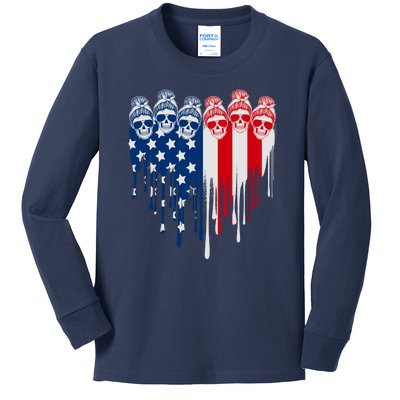 Messy Bun Skulls USA American Flag Painted Heart Kids Long Sleeve Shirt