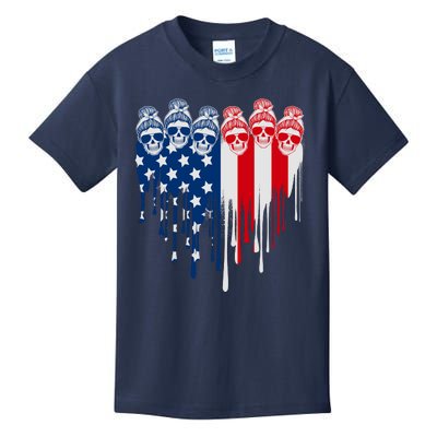 Messy Bun Skulls USA American Flag Painted Heart Kids T-Shirt