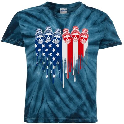 Messy Bun Skulls USA American Flag Painted Heart Kids Tie-Dye T-Shirt