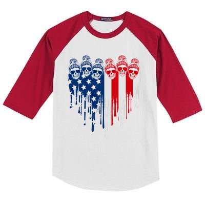 Messy Bun Skulls USA American Flag Painted Heart Kids Colorblock Raglan Jersey