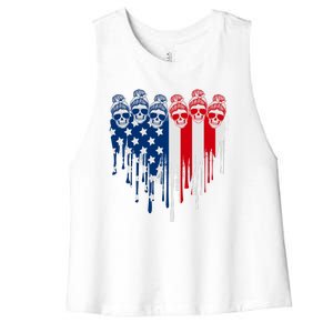 Messy Bun Skulls USA American Flag Painted Heart Women's Racerback Cropped Tank