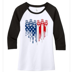 Messy Bun Skulls USA American Flag Painted Heart Women's Tri-Blend 3/4-Sleeve Raglan Shirt