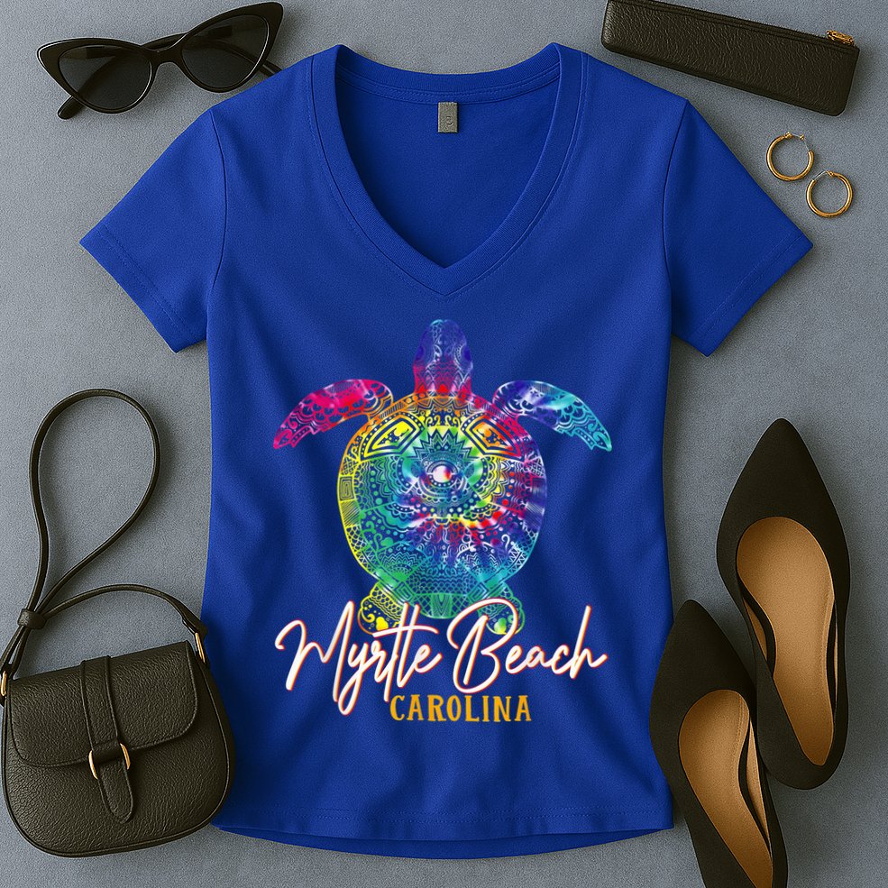 Myrtle Beach Tie Dye Sea Turtle Carolina Family Vacation Women's V-Neck T-Shirt