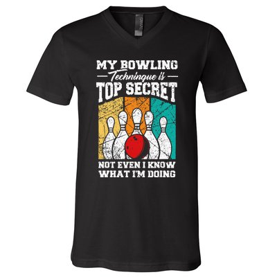 My Bowling Technique Is Top Secret Funny Bowling Bowler V-Neck T-Shirt