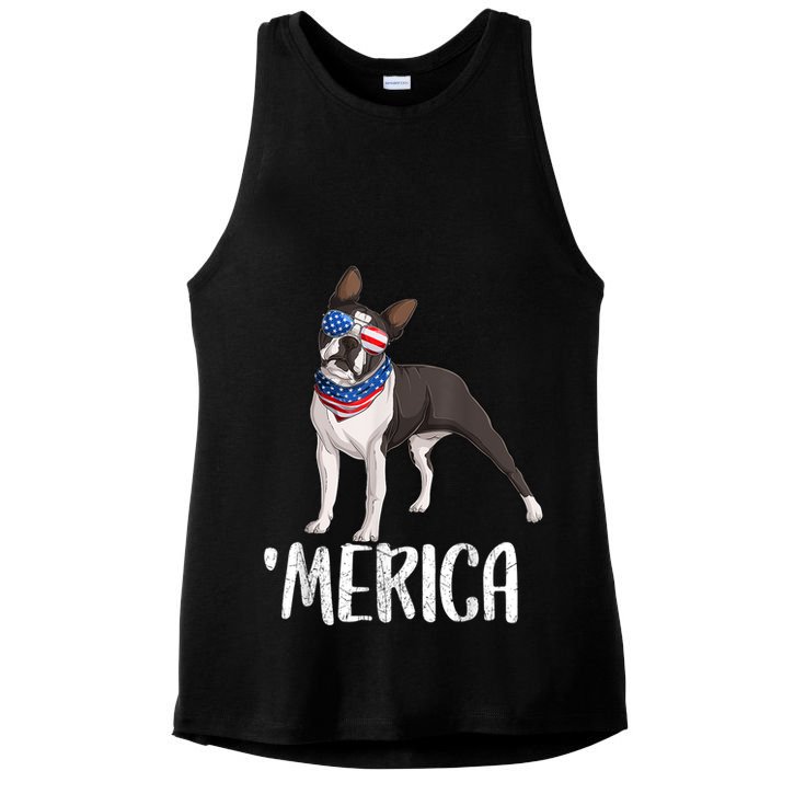 Merica Boston Terrier Dog 4th Of July American Flag Ladies PosiCharge Tri-Blend Wicking Tank