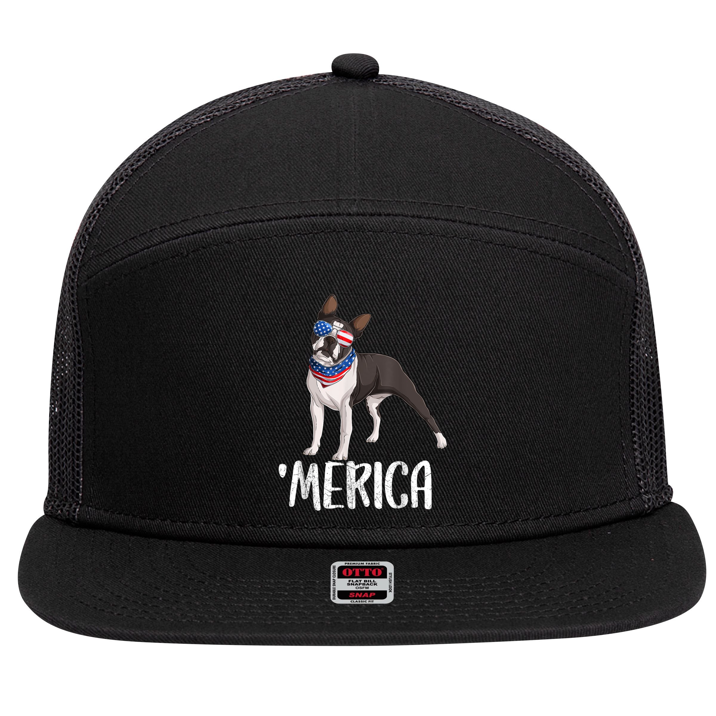 Merica Boston Terrier Dog 4th Of July American Flag 7 Panel Mesh Trucker Snapback Hat