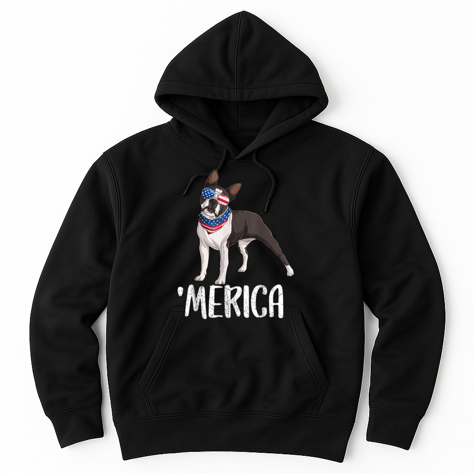 Merica Boston Terrier Dog 4th Of July American Flag Hoodie
