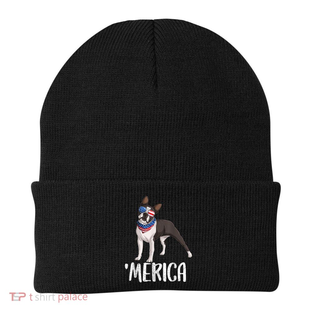 Merica Boston Terrier Dog 4th Of July American Flag Beanie