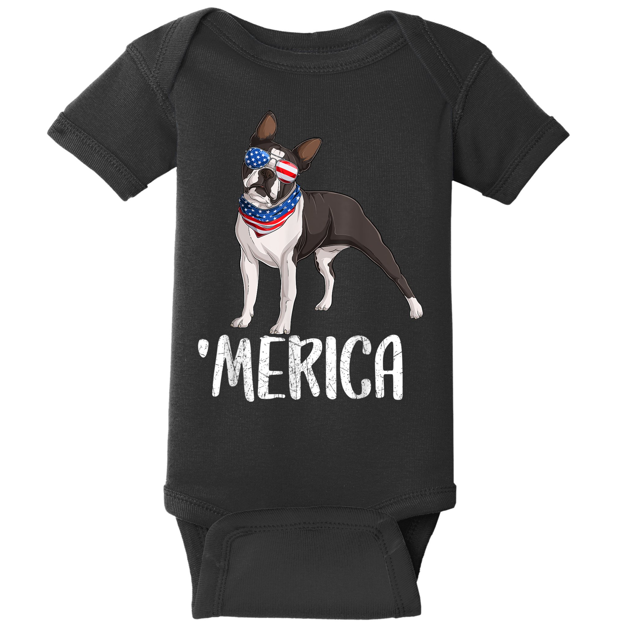 Merica Boston Terrier Dog 4th Of July American Flag Baby Bodysuit