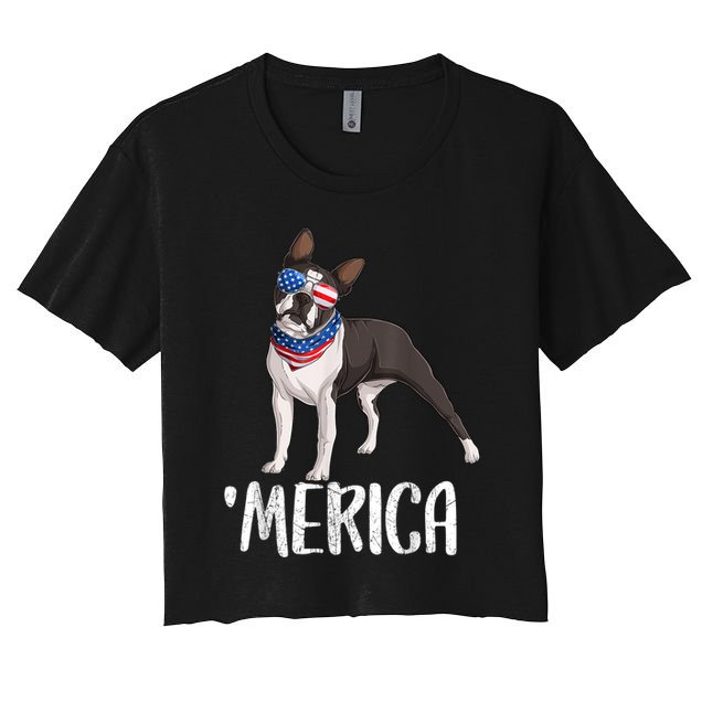 Merica Boston Terrier Dog 4th Of July American Flag Crop Top