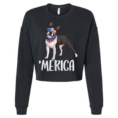 Merica Boston Terrier Dog 4th Of July American Flag Cropped Pullover Crew