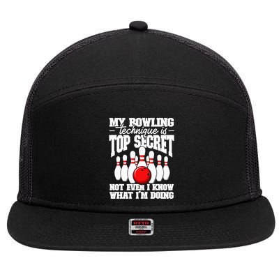 My Bowling Technique Is Top Secret Funny Bowling Bowler 7 Panel Mesh Trucker Snapback Hat