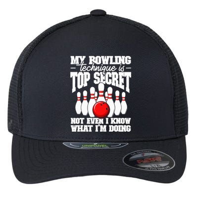 My Bowling Technique Is Top Secret Funny Bowling Bowler Flexfit Unipanel Trucker Cap