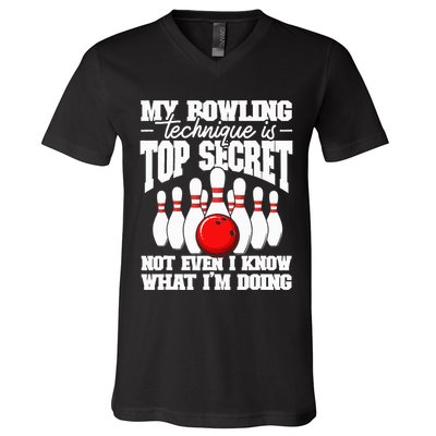 My Bowling Technique Is Top Secret Funny Bowling Bowler V-Neck T-Shirt