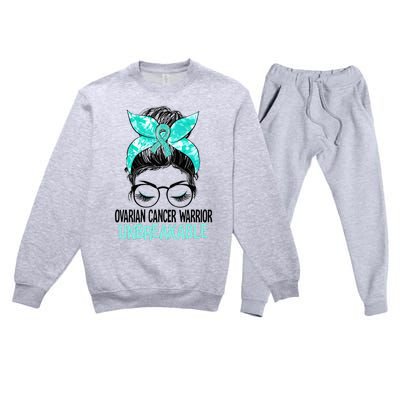 Messy Bun Teal Ribbon Ovarian Cancer Warrior Unbreakable Premium Crewneck Sweatsuit Set