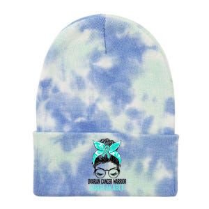 Messy Bun Teal Ribbon Ovarian Cancer Warrior Unbreakable Tie Dye 12in Knit Beanie