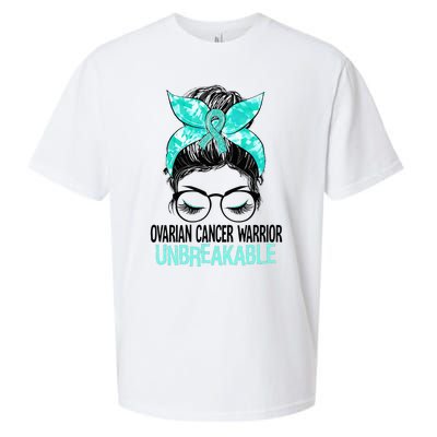 Messy Bun Teal Ribbon Ovarian Cancer Warrior Unbreakable Sueded Cloud Jersey T-Shirt