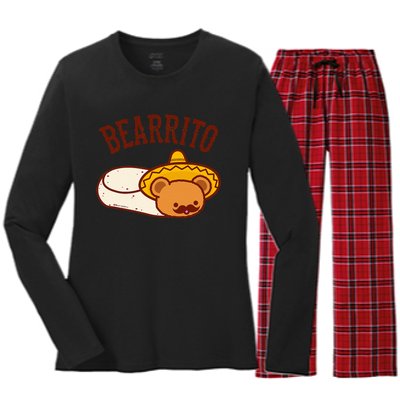 Mexican Bearrito Teddy Bear Burrito With Mustache Women's Long Sleeve Flannel Pajama Set 