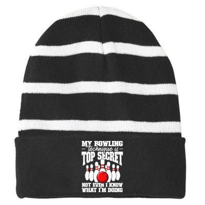 My Bowling Technique Is Secret Funny Bowling Bowler Striped Beanie with Solid Band