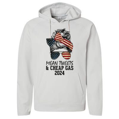 Messy Bun Trumpgirl Mean Tweets And Cheap Gas 2024 Performance Fleece Hoodie