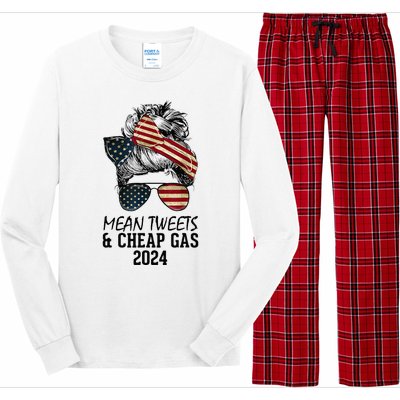 Messy Bun Trumpgirl Mean Tweets And Cheap Gas 2024 Long Sleeve Pajama Set