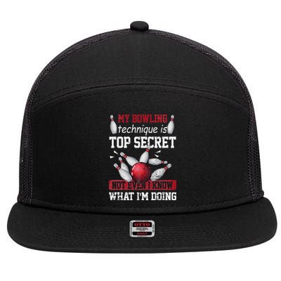 My Bowling Technique Is Top Secret Funny Bowling Bowler 7 Panel Mesh Trucker Snapback Hat
