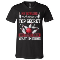 My Bowling Technique Is Top Secret Funny Bowling Bowler V-Neck T-Shirt