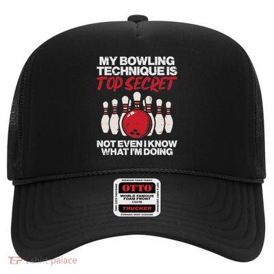 My Bowling Technique Secret Funny Bowler Women Men Kids High Crown Mesh Back Trucker Hat