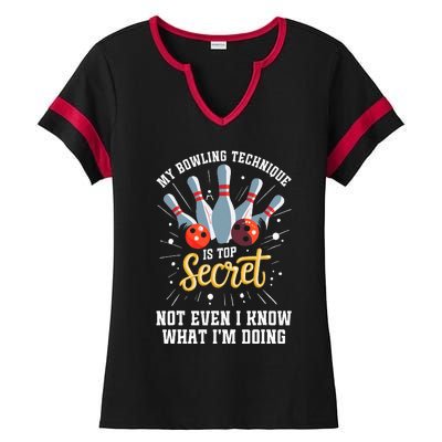 My Bowling Technique Is Secret Funny Bowling Bowler Ladies Halftime Notch Neck Tee