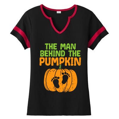 Man Behind The Pumpkin Dad Halloween Pregnancy Announcement Ladies Halftime Notch Neck Tee