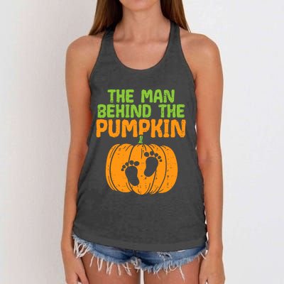 Man Behind The Pumpkin Dad Halloween Pregnancy Announcement Women's Knotted Racerback Tank